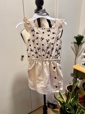 Tahari Cream Romper with Black Floral Embroidery